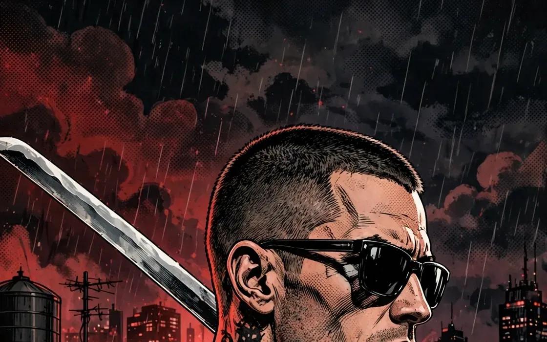 Comic-style illustration of Blade — tactical armor, sunglasses, silver sword over his shoulder on a rainy rooftop