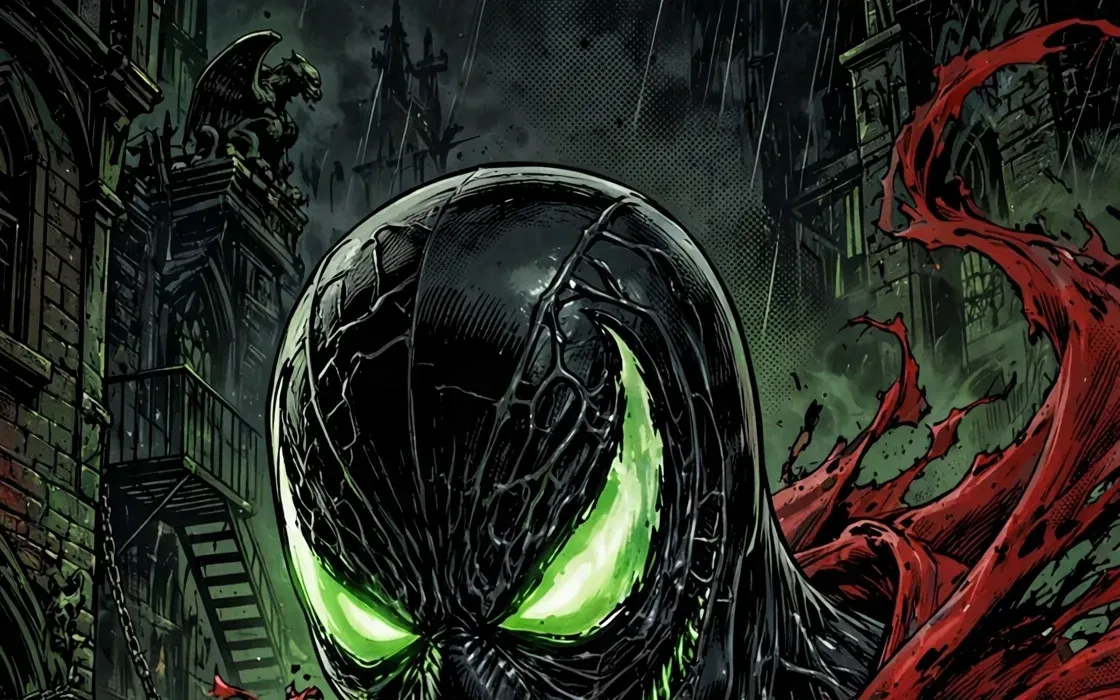 Comic-style illustration of Spawn — black symbiotic suit, glowing green eyes, red cape and chains, green necroplasm in his hands